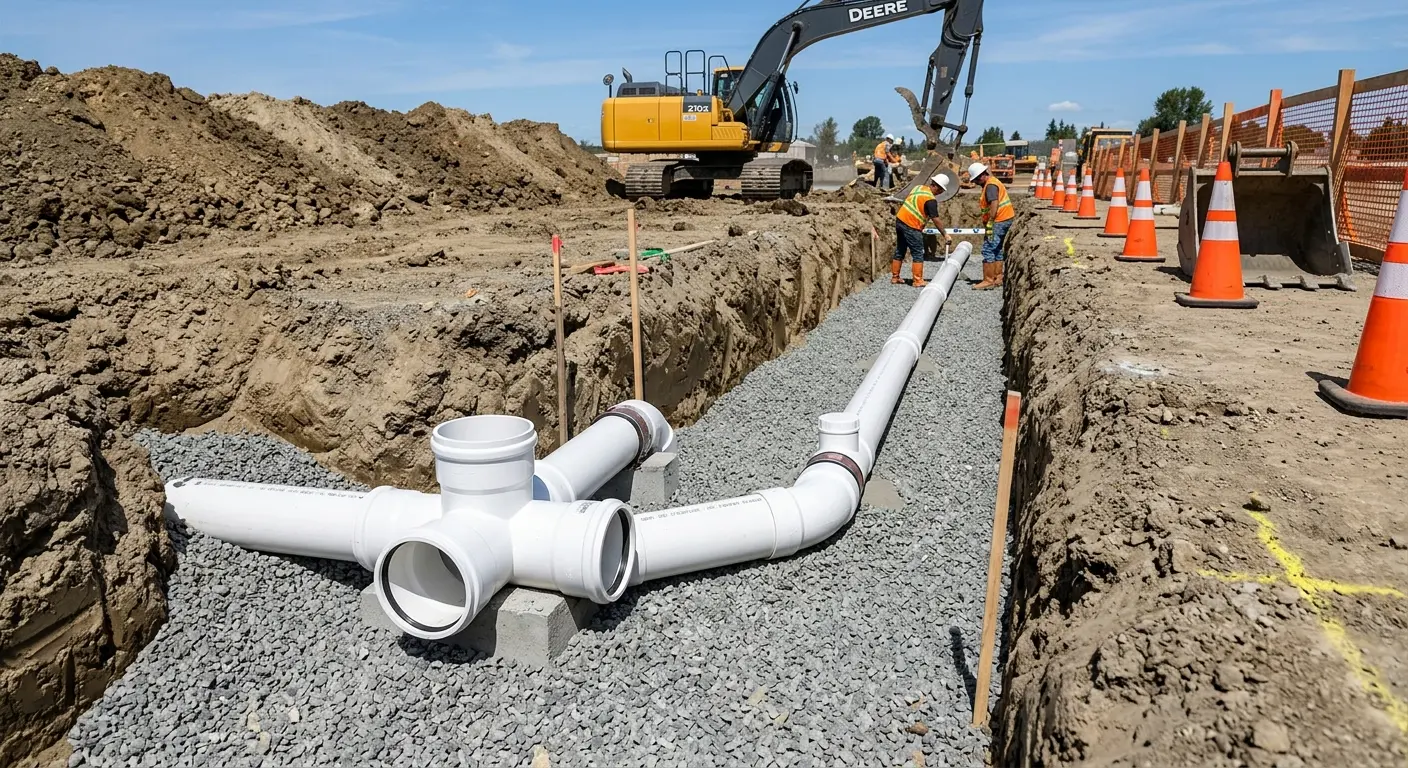 New PVC sewer pipe installation in open trench for Commercial Drain Cleaning in Winter Gardens