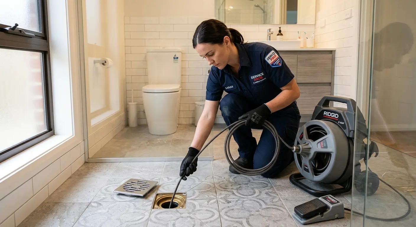 Technician clearing a bathroom floor drain for Sewer Line Replacement in Winter Gardens